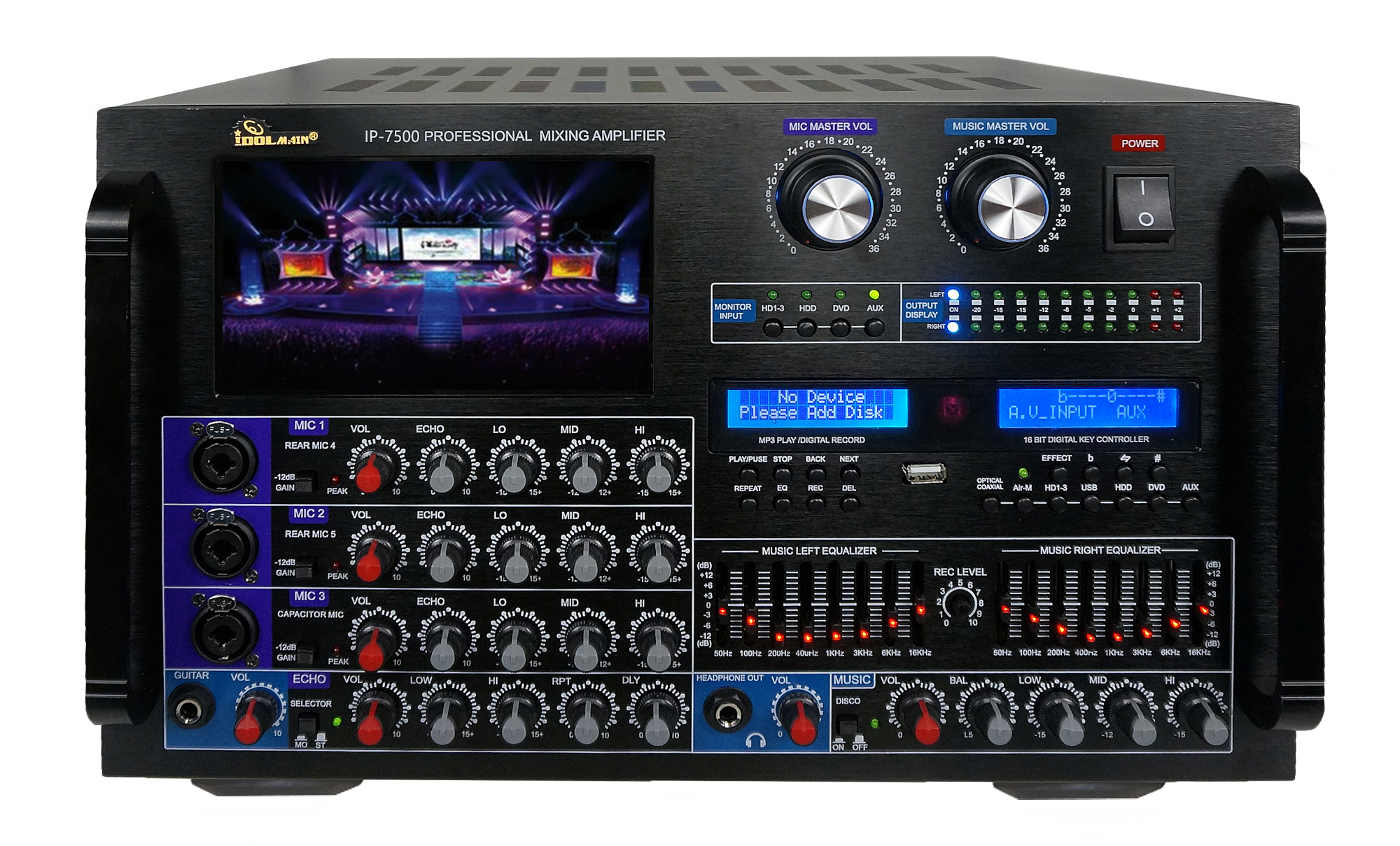 IDOLmain IP-7500 8000W Max Output Professional Digital Console Mixing Amplifier With 7" LCD Screen Monitor Built-In, Bluetooth, Recording, Guitar Level Control & Digital Optical/ Coaxial Input, HDMI,8 Bands Equalizer