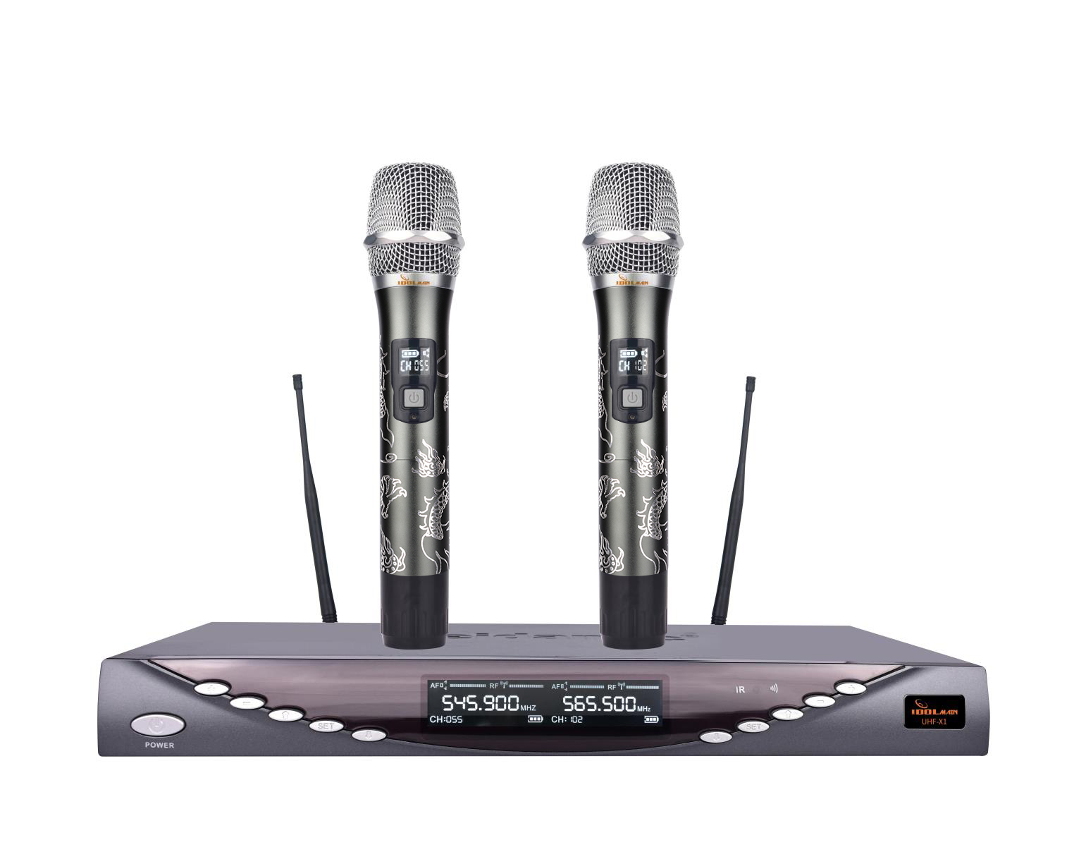 IDOLmain UHF-X1D Dragon Engraved-Limited Edition Professional Performance With Anti Feedback,Ultra Low Distortion, and No-Touch Frequency Scanning With Digital Pilot Technology Dual Wireless Microphone System